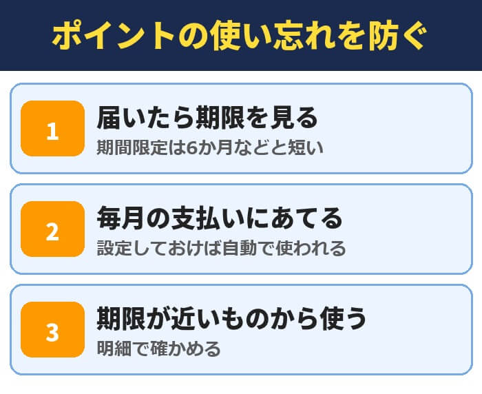 ポイントの使い忘れを防ぐ。届いたら期限を見る、毎月の支払いにあてる、期限が近いものから使う