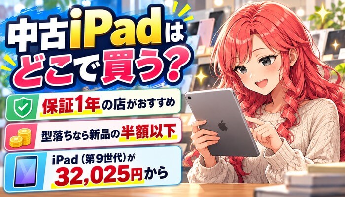 中古iPadはどこで買う？保証1年の店がおすすめ。型落ちなら新品の半額以下。iPad（第9世代）が32,025円から
