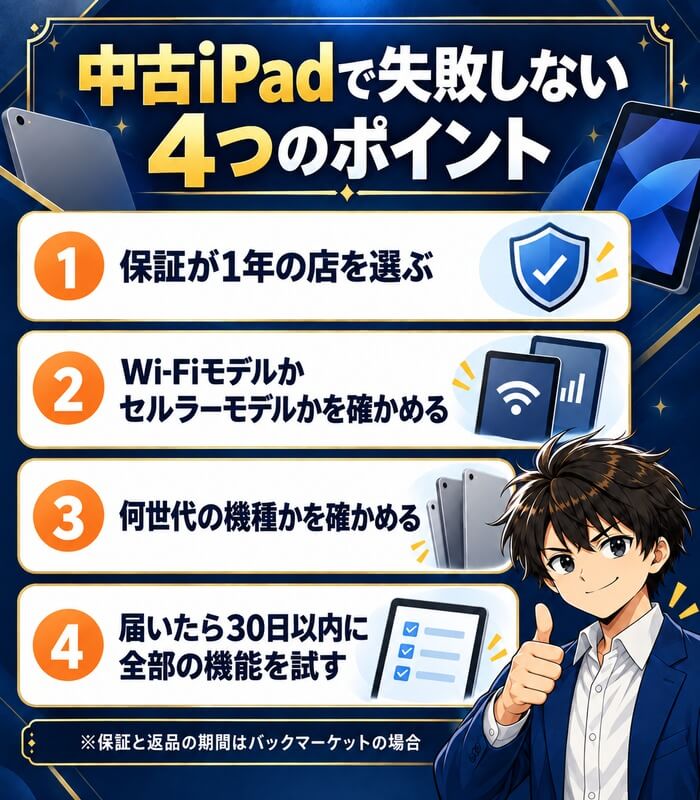 中古iPadで失敗しない4つのポイント。保証が1年の店を選ぶ、Wi-Fiモデルかセルラーモデルかを確かめる、何世代の機種かを確かめる、届いたら30日以内に全部の機能を試す