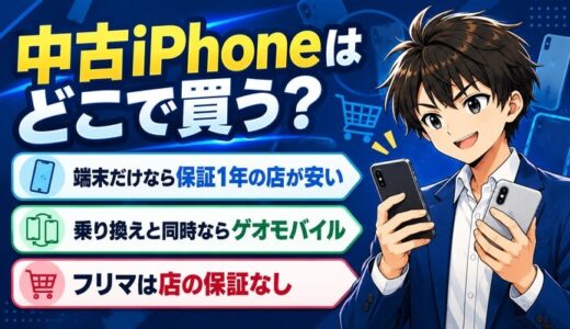 中古iPhoneはどこで買う？端末だけなら保証1年の店が安い。乗り換えと同時ならゲオモバイル。フリマは店の保証なし