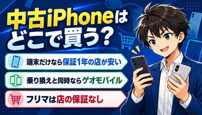 中古iPhoneはどこで買う？端末だけなら保証1年の店が安い。乗り換えと同時ならゲオモバイル。フリマは店の保証なし