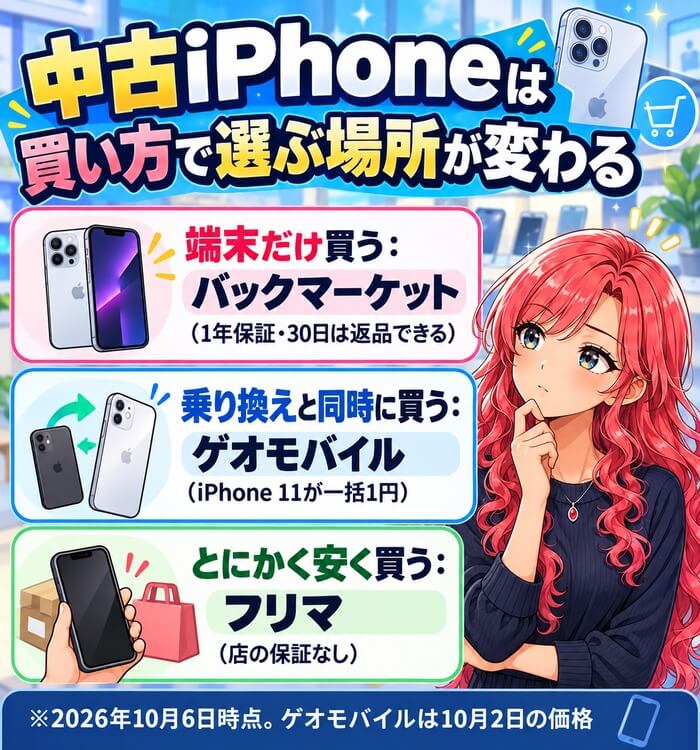 中古iPhoneは買い方で選ぶ場所が変わる。端末だけ買うならバックマーケット(1年保証・30日は返品できる)、乗り換えと同時に買うならゲオモバイル(iPhone 11が一括1円)、とにかく安く買うならフリマ(店の保証なし)
