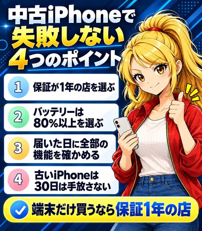 中古iPhoneで失敗しない4つのポイント。保証が1年の店を選ぶ、バッテリーは80%以上を選ぶ、届いた日に全部の機能を確かめる、古いiPhoneは30日は手放さない。端末だけ買うなら保証1年の店