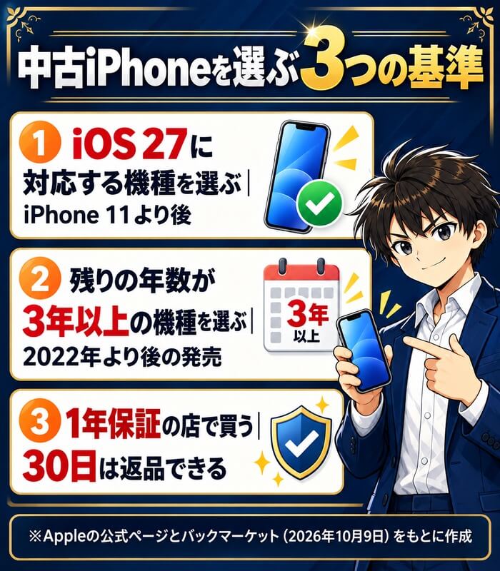 中古iPhoneを選ぶ3つの基準。iOS 27に対応する機種を選ぶ(iPhone 11より後)、残りの年数が3年以上の機種を選ぶ(2022年より後の発売)、1年保証の店で買う