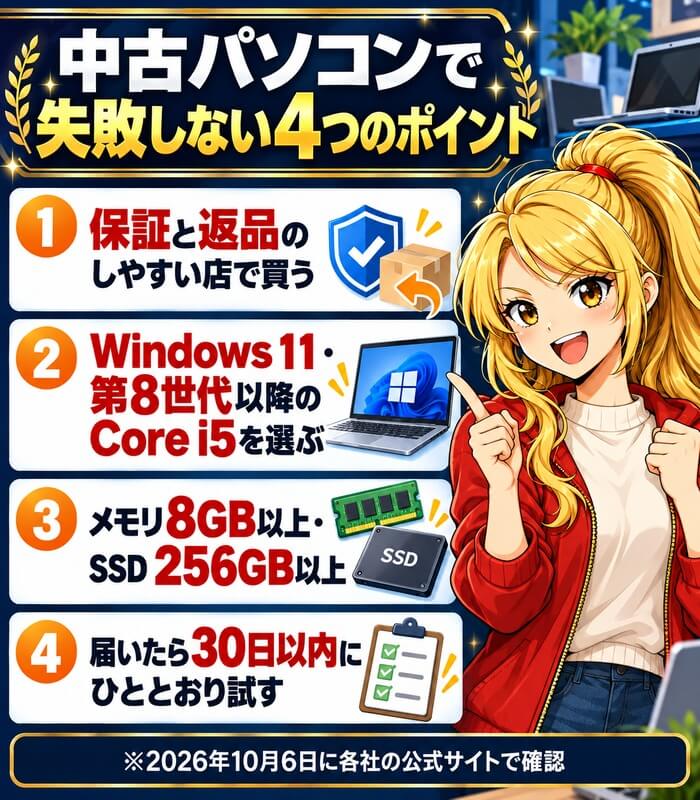 中古パソコンで失敗しない4つのポイント。保証と返品のしやすい店で買う、Windows 11・第8世代以降のCore i5を選ぶ、メモリ8GB以上・SSD 256GB以上、届いたら30日以内にひととおり試す。2026年10月6日に各社の公式サイトで確認