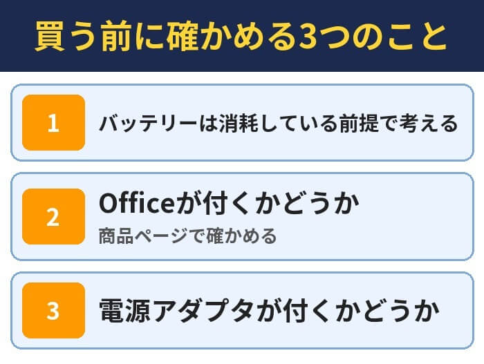買う前に確かめる3つのこと。バッテリーは消耗している前提で考える、Officeが付くかどうか(商品ページで確かめる)、電源アダプタが付くかどうか