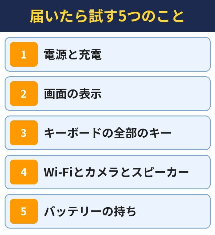届いたら試す5つのこと。電源と充電、画面の表示、キーボードの全部のキー、Wi-Fiとカメラとスピーカー、バッテリーの持ち
