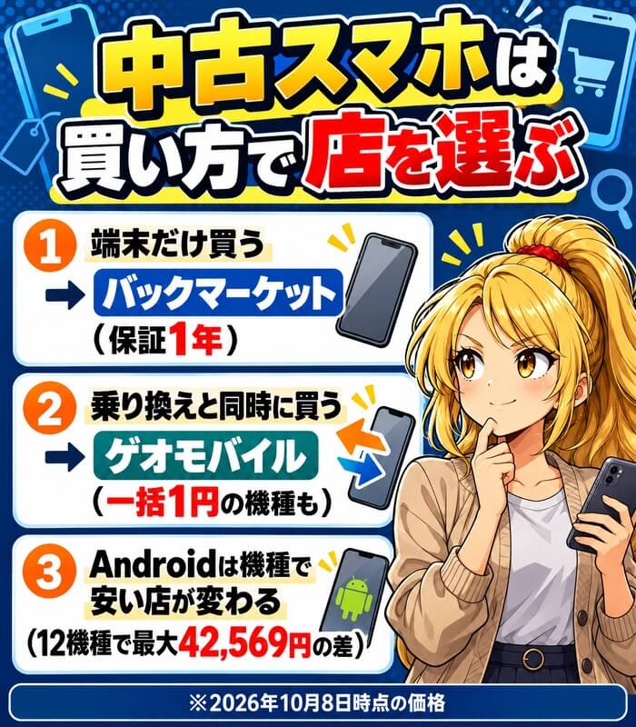 中古スマホは買い方で店を選ぶ。端末だけならバックマーケット(保証1年・30日以内は返品できる)、乗り換えと同時ならゲオモバイル(一括1円の機種も)、Androidは機種で安い店が変わる