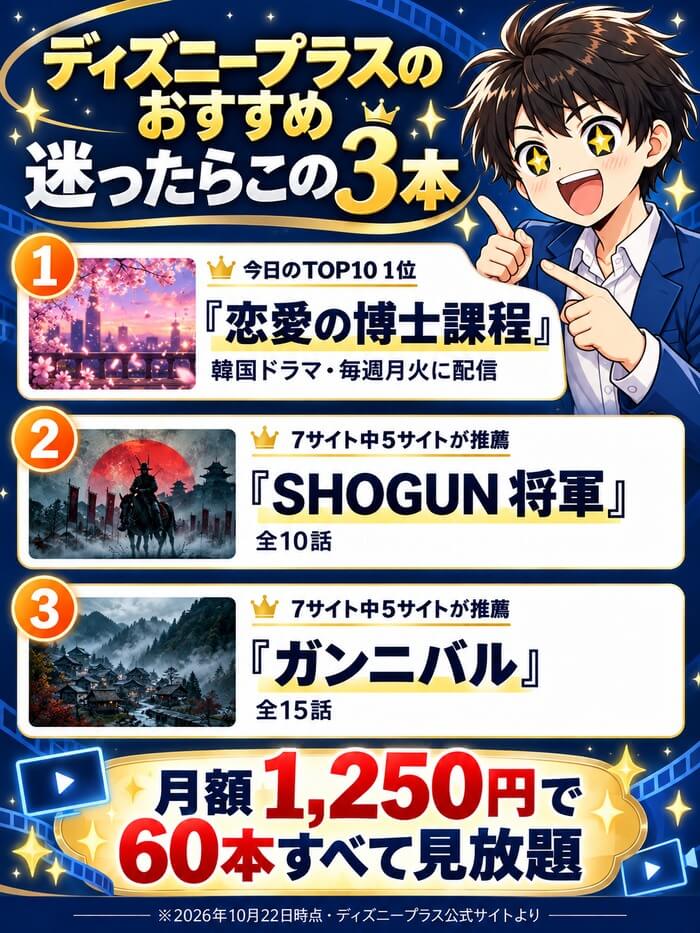 迷ったらこの3本。今日のTOP10 1位の恋愛の博士課程、7サイト中5サイトが推薦のSHOGUN 将軍とガンニバル。月額1,250円で60本すべて見放題