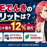 ドコモでんきのデメリットは?dポイント最大12%還元。料金は大手電力と同じ、2027年1月から電力市場連動、Greenは月500円高い
