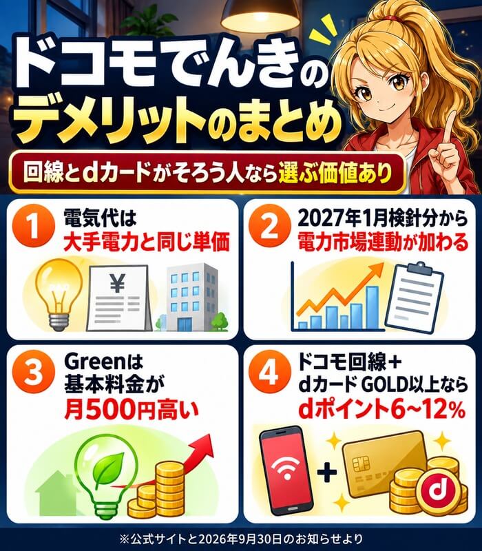 ドコモでんきのデメリットのまとめ。電気代は大手電力と同じ単価、2027年1月検針分から電力市場連動が加わる、Greenは月500円高い、ドコモ回線とdカード GOLD以上ならdポイント6%から12%