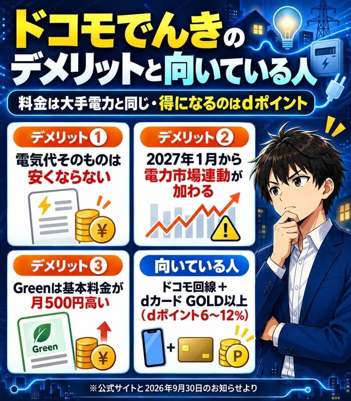 ドコモでんきのデメリットと向いている人。電気代は大手電力と同じ単価、2027年1月から電力市場連動、Greenは月500円高い。ドコモ回線とdカード GOLD以上ならdポイント最大12%