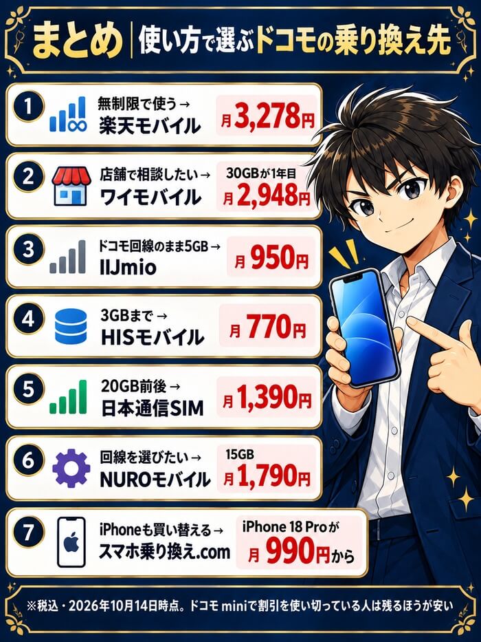 まとめ|使い方で選ぶドコモの乗り換え先(楽天モバイル・ワイモバイル・IIJmio・HISモバイル・日本通信SIM・NUROモバイル・スマホ乗り換え.com)