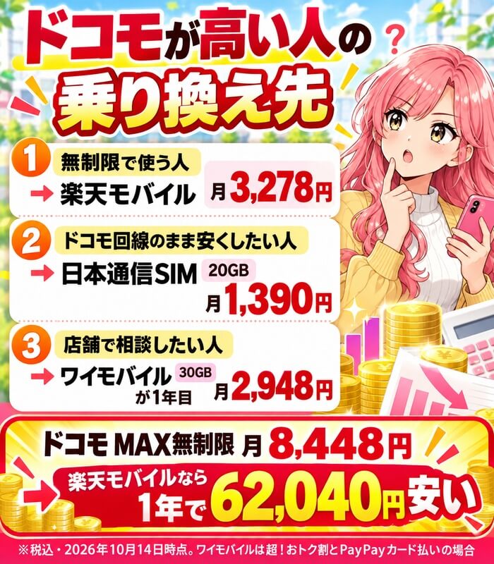 ドコモが高い人の乗り換え先|無制限は楽天モバイル月3,278円・ドコモ回線のままは日本通信SIM月1,390円・店舗で相談はワイモバイル