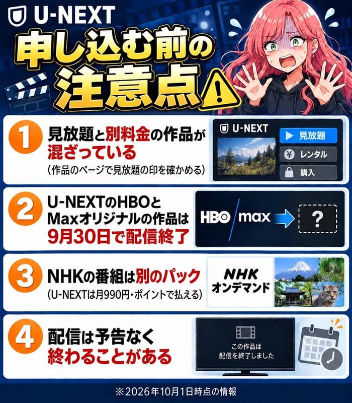 見放題と別料金の混在、U-NEXTのHBOとMaxオリジナルは9月30日で配信終了、NHKの番組は別パック、配信終了の4つの注意点の図