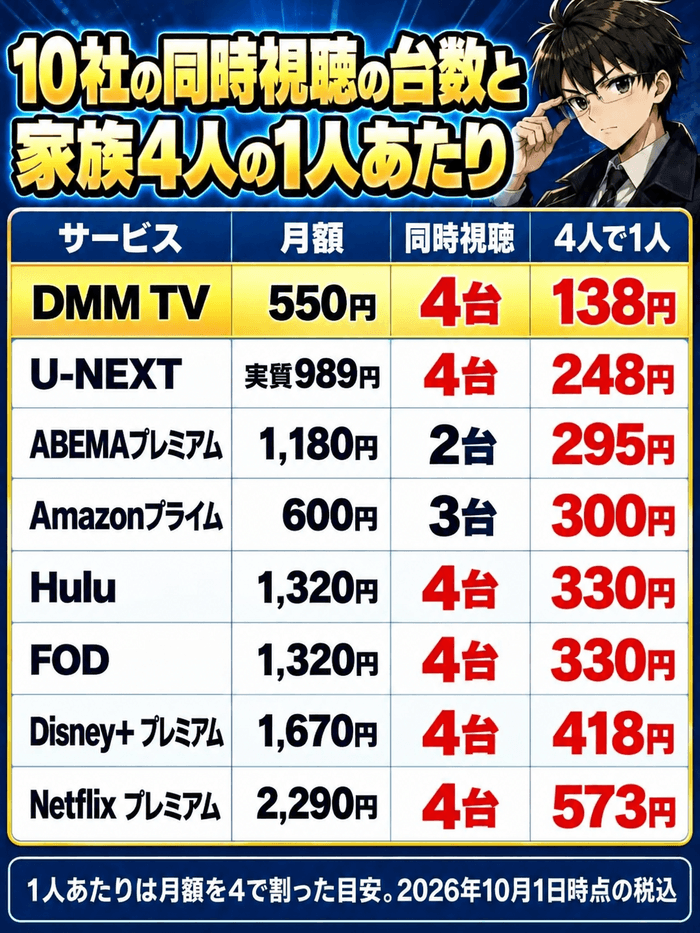 10社の同時視聴の台数と家族4人の1人あたり。DMM TV 550円4台138円、U-NEXT実質989円4台248円、ABEMAプレミアム1,180円2台295円、Amazonプライム600円3台300円