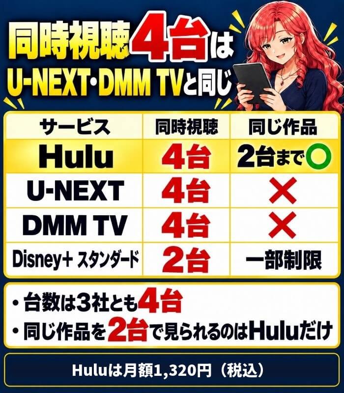 同時視聴の台数はHulu・U-NEXT・DMM TVが4台、Disney+スタンダードは2台。同じ作品を2台で見られるのはHuluだけ