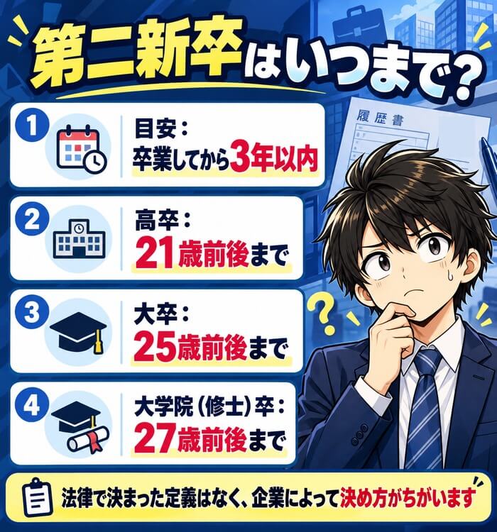 第二新卒はいつまで？目安は卒業してから3年以内（高卒は21歳前後まで・大卒は25歳前後まで・大学院（修士）卒は27歳前後まで）