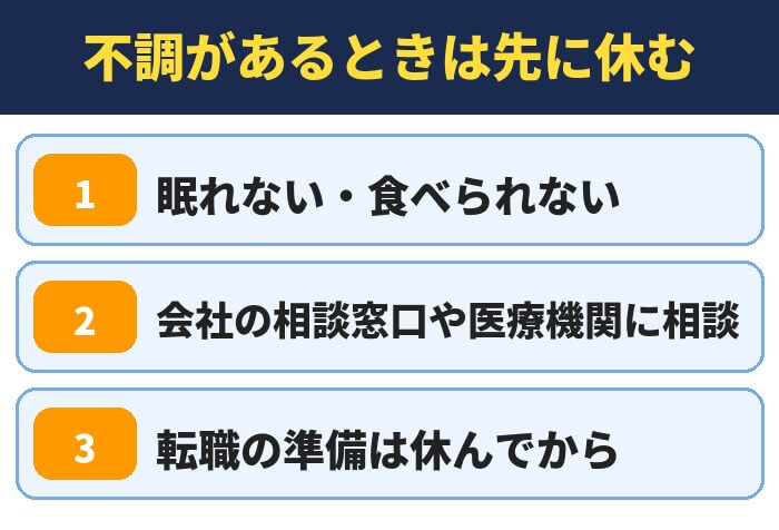 不調があるときは先に休む（眠れない・食べられない、会社の相談窓口や医療機関に相談、転職の準備は休んでから）