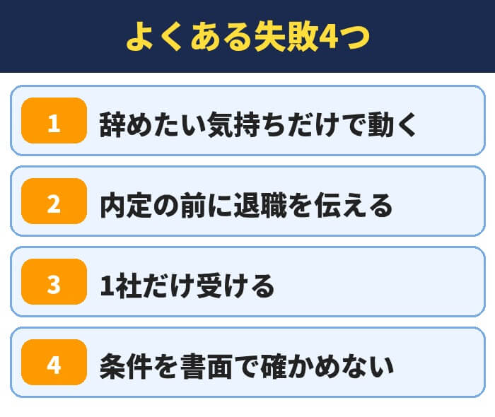 第二新卒の転職でよくある失敗4つ（辞めたい気持ちだけで動く・内定の前に退職を伝える・1社だけ受ける・条件を書面で確かめない）