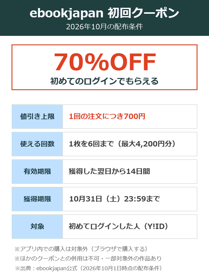 ebookjapan初回クーポンの条件まとめ(2026年10月・70%OFF・上限700円・6回まで・14日間有効)