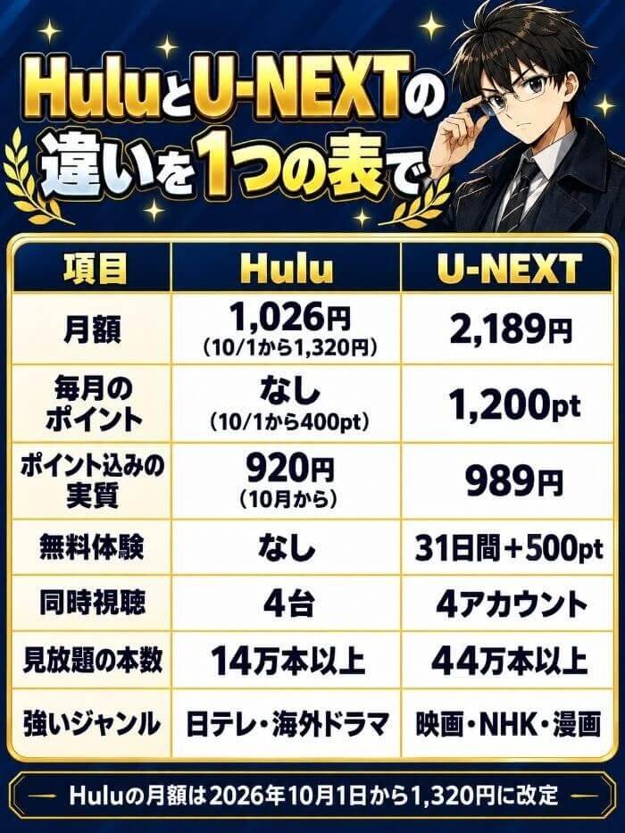HuluとU-NEXTの月額・ポイント・実質・無料体験・同時視聴・見放題本数・強いジャンルの比較表