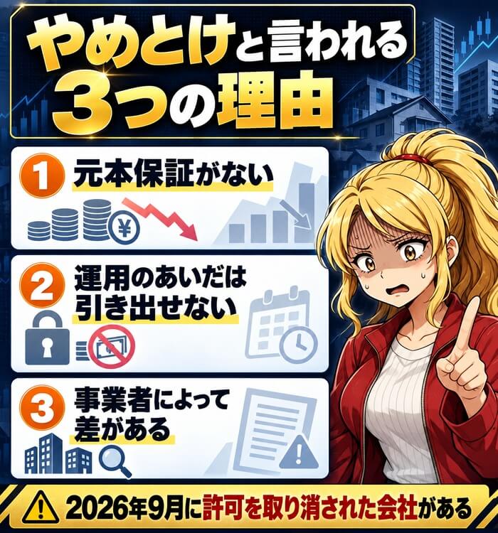 不動産クラウドファンディングがやめとけと言われる3つの理由。元本保証がない、運用のあいだは引き出せない、事業者によって差がある。2026年9月に許可を取り消された会社がある