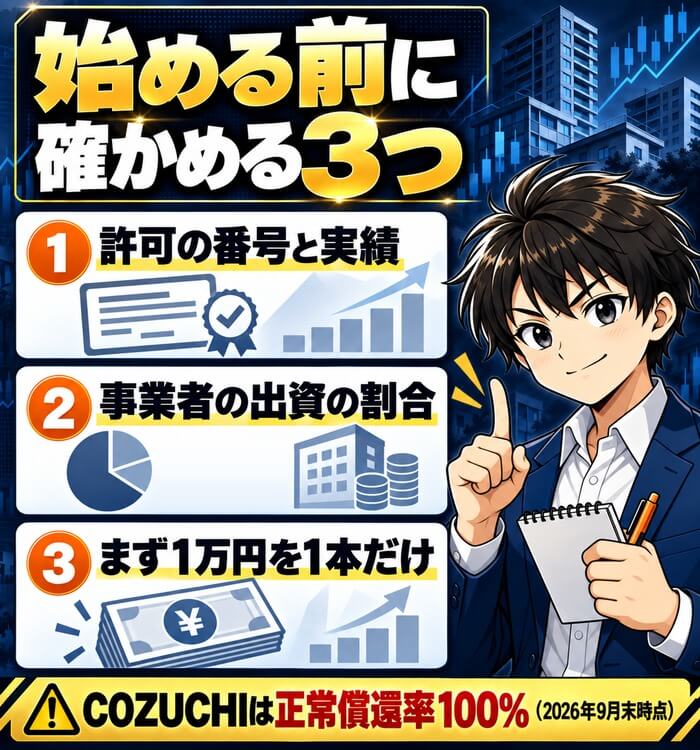 不動産クラウドファンディングを始める前に確かめる3つ。許可の番号と実績、事業者の出資の割合、まず1万円を1本だけ。COZUCHIは正常償還率100％（2026年9月末時点）
