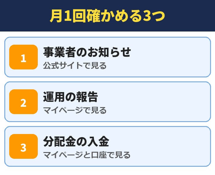 不動産クラウドファンディングで月1回確かめる3つ。事業者のお知らせ、運用の報告、分配金の入金