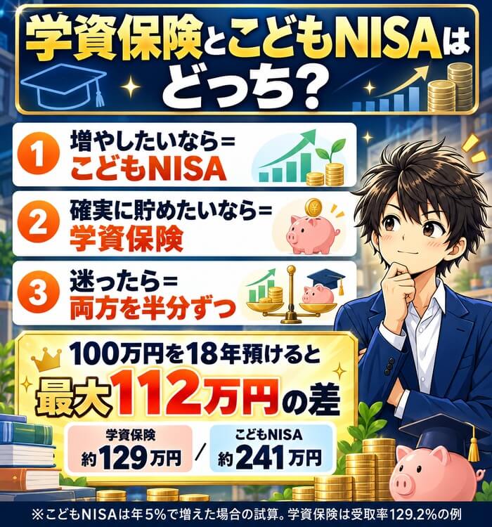 学資保険とこどもNISAはどっち？（増やしたいならこどもNISA・確実に貯めたいなら学資保険・迷ったら半分ずつ・100万円で最大112万円の差）