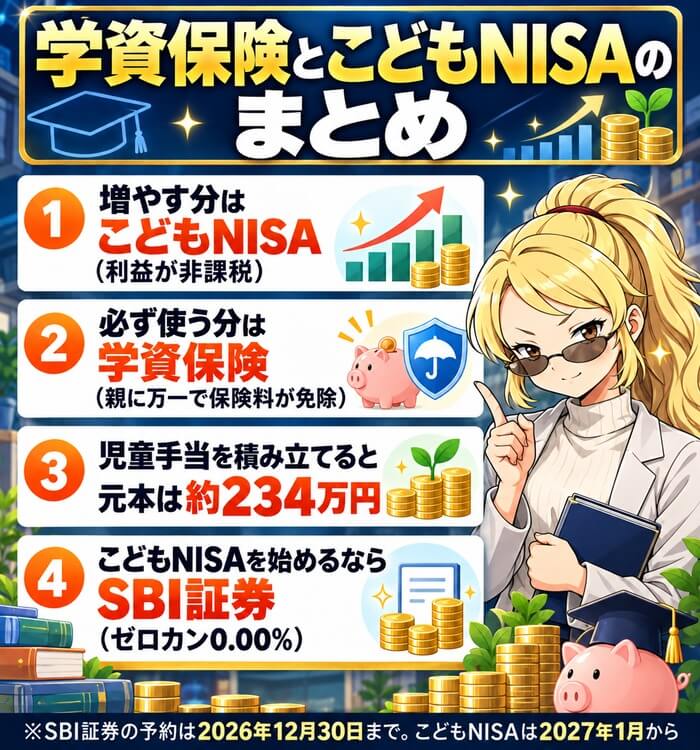 学資保険とこどもNISAのまとめ（増やす分はこどもNISA・必ず使う分は学資保険・児童手当の元本は約234万円・始めるならSBI証券）