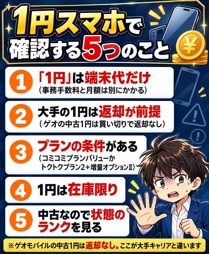 1円スマホで確認する5つのこと。1円は端末代だけ、大手の1円は返却が前提、プランの条件、在庫限り、中古の状態のランク