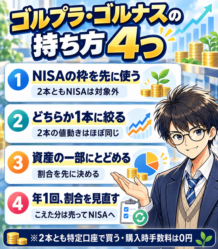 ゴルプラとゴルナスどっち｜まとめ・持ち方4つ（NISAを先に・1本に絞る）