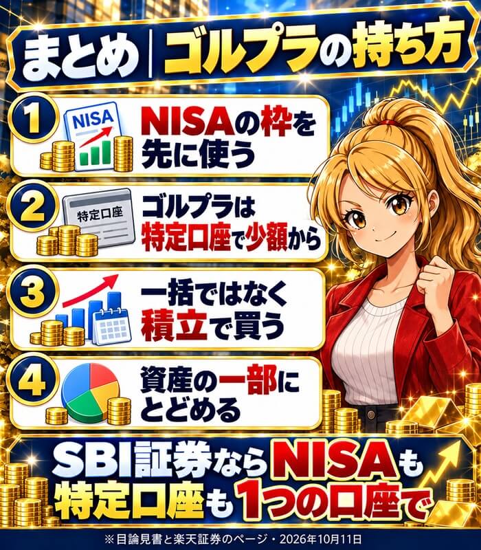 まとめ、ゴルプラの持ち方。NISAの枠を先に使う、ゴルプラは特定口座で少額から、一括ではなく積立で買う、資産の一部にとどめる。SBI証券ならNISAも特定口座も1つの口座で