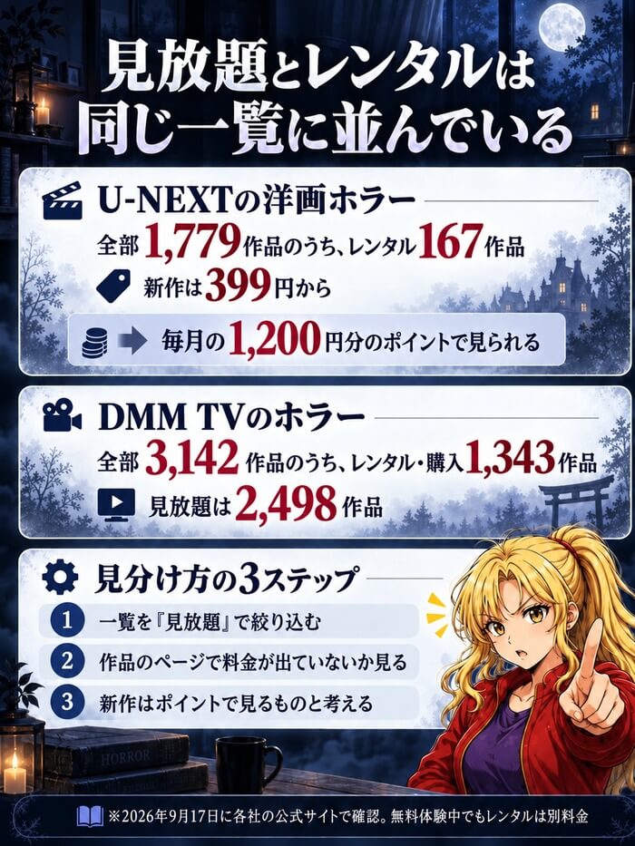 U-NEXTの洋画ホラーは1,779作品のうちレンタル167作品で新作は399円から、毎月1,200円分のポイントで見られる。DMM TVのホラーは3,142作品のうちレンタル・購入1,343作品で見放題は2,498作品。見分け方の3ステップ