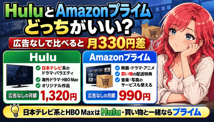 HuluとAmazonプライムはどっちがいい？広告なしで比べると月330円差。Huluは広告なしの月額1,320円、Amazonプライムは広告なしで990円