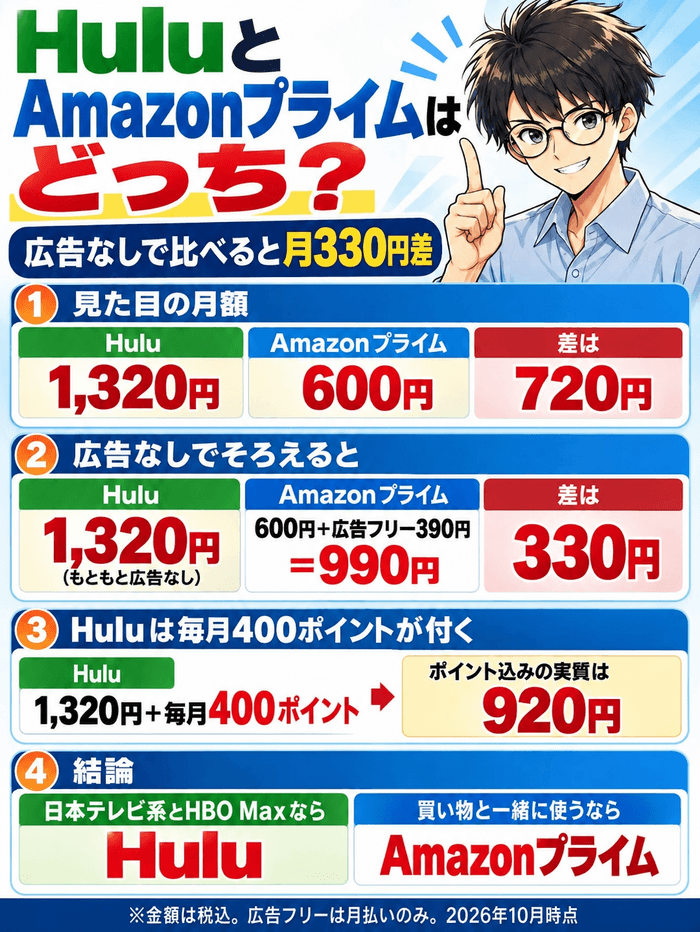 HuluとAmazonプライムは広告なしで比べると月330円差。見た目の月額はHulu1,320円・Amazonプライム600円で差は720円、広告なしでそろえると1,320円と990円、Huluは毎月400ポイントで実質920円