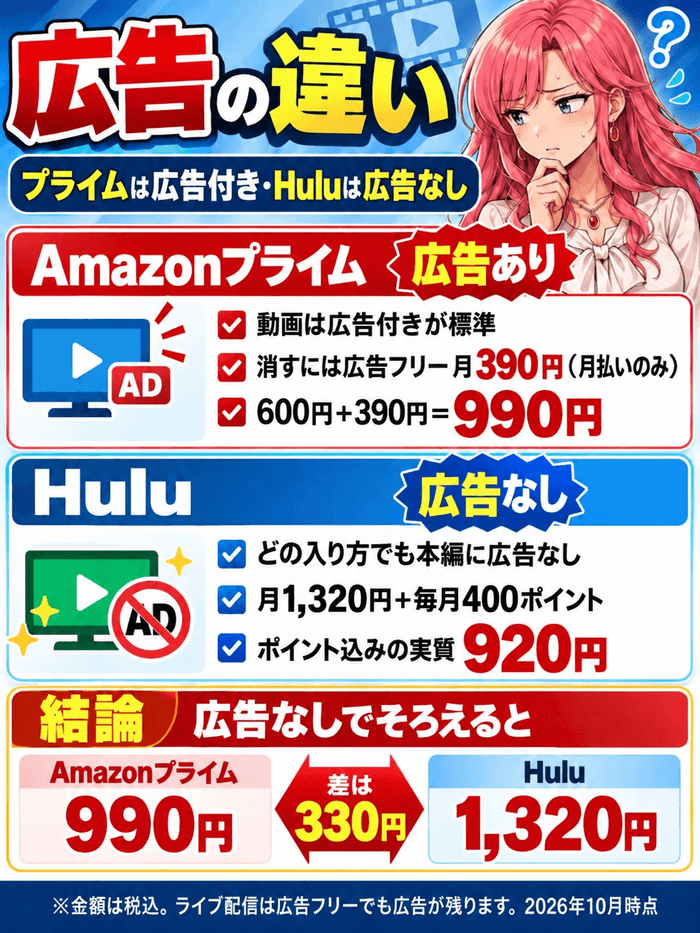Amazonプライムの動画は広告付きで、消すには広告フリー月390円が必要で990円。Huluは広告なしで月1,320円+毎月400ポイント、ポイント込みの実質920円。広告なしでそろえると差は330円