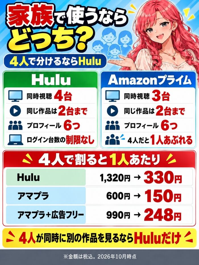 同時視聴はHuluが4台、Amazonプライムが3台。家族4人で割ると1人あたりHulu 330円・Amazonプライム150円