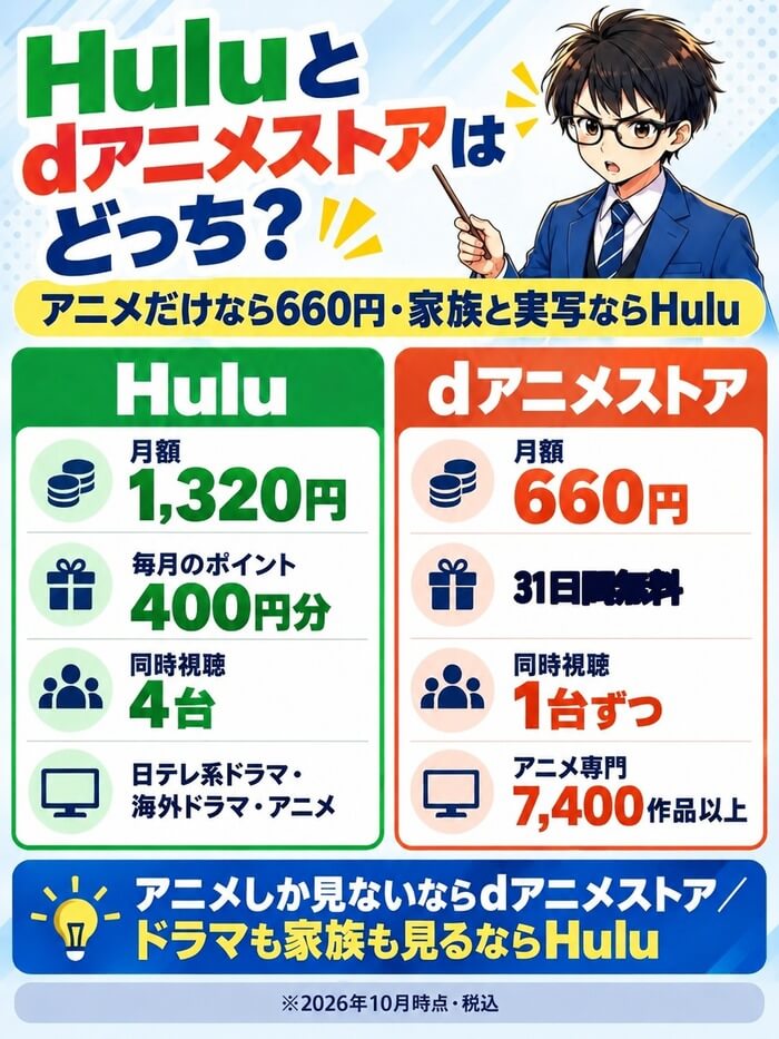 Huluとdアニメストアはどっち。Huluは月額1,320円・毎月400円分のポイント・同時視聴4台、dアニメストアは月額660円・31日間無料・同時視聴1台ずつ