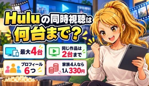 Huluの同時視聴は何台まで。最大4台、同じ作品は2台まで、プロフィール6つ、家族4人なら1人330円
