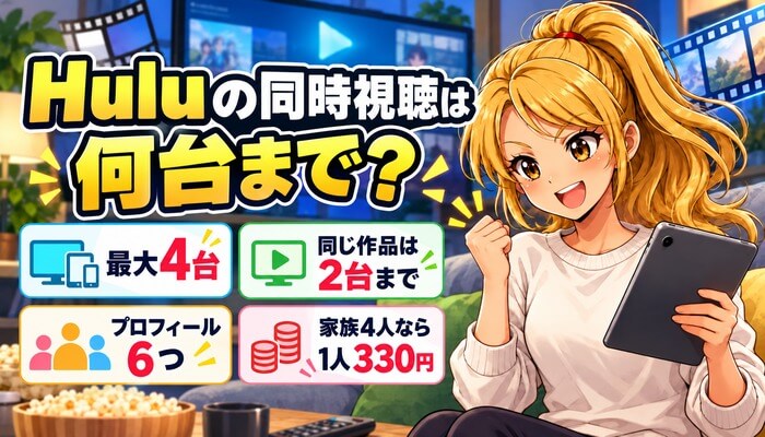 Huluの同時視聴は何台まで。最大4台、同じ作品は2台まで、プロフィール6つ、家族4人なら1人330円