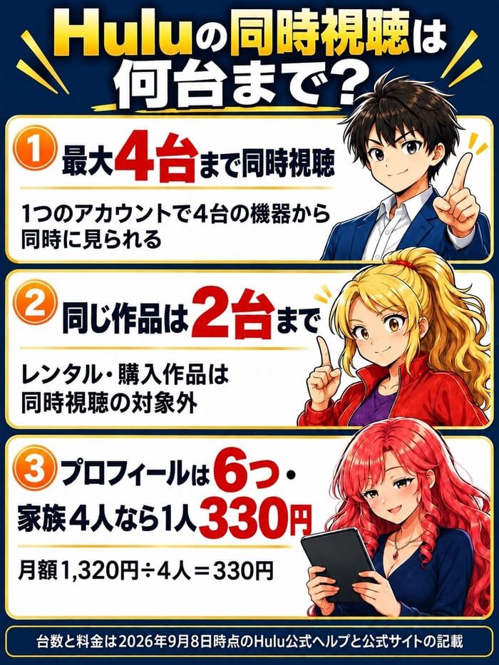 Huluの同時視聴は最大4台。同じ作品は2台まででレンタル・購入作品は対象外。プロフィールは6つで家族4人なら1人330円