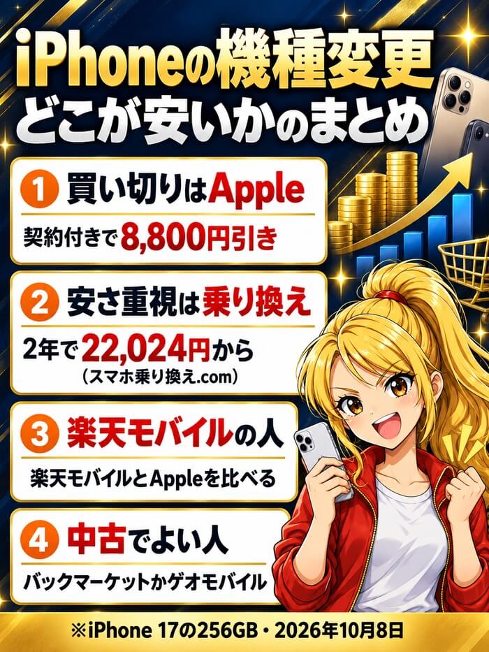 iPhoneの機種変更のまとめ。買い切りはAppleの契約付きで8,800円引き、安さ重視は乗り換えて2年22,024円から、楽天モバイルの人は楽天モバイルとAppleを比較、中古でよい人はバックマーケットかゲオモバイル