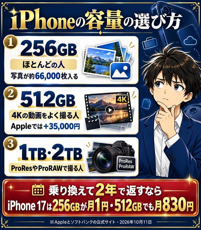 iPhoneの容量の選び方。256GBはほとんどの人(写真が約66,000枚入る)、512GBは4Kの動画をよく撮る人(Appleでは+35,000円)、1TB・2TBはProResやProRAWで撮る人。乗り換えて2年で返すならiPhone 17は256GBが月1円・512GBでも月830円