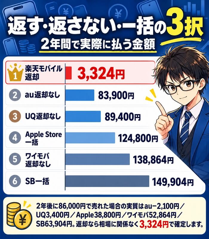 iPhone 17eを2年で返す場合は楽天モバイル3,324円、返さない場合はau83,900円やUQ89,400円、一括はApple124,800円やソフトバンク149,904円