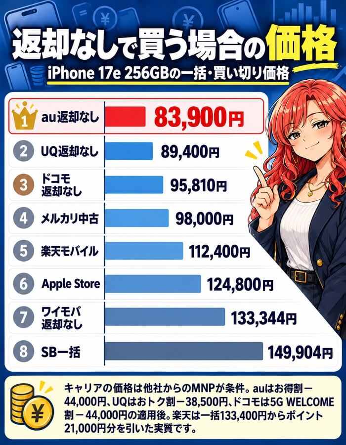 iPhone 17e 256GBを返却なしで買う場合の価格。au83,900円、UQモバイル89,400円、ドコモ95,810円、楽天モバイル112,400円、Apple Store124,800円、ワイモバイル133,344円、ソフトバンク149,904円