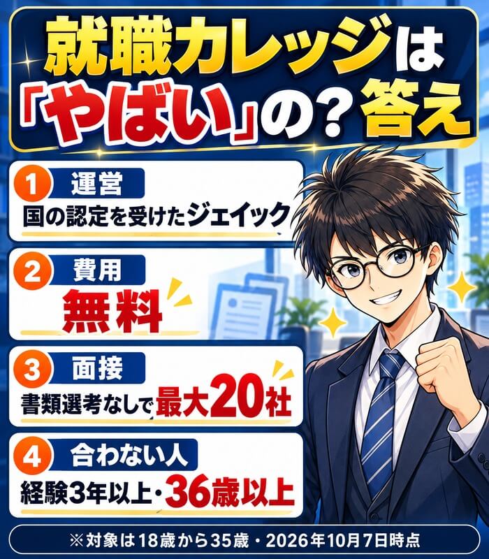 就職カレッジは「やばい」の?答え。運営は国の認定を受けたジェイック・費用は無料・書類選考なしで最大20社と面接・合わないのは経験3年以上と36歳以上の人