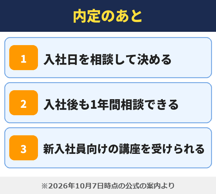 就職カレッジ|内定のあと(入社日を相談して決める・入社後も1年間相談できる・新入社員向けの講座を受けられる)