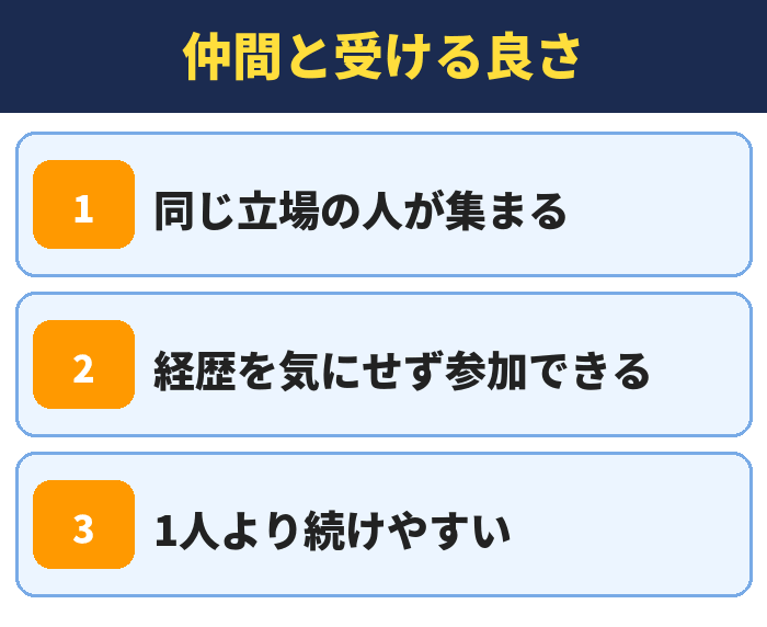 就職カレッジ|仲間と受ける良さ(同じ立場の人が集まる・経歴を気にせず参加できる・1人より続けやすい)